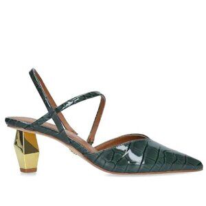 New KURT GEIGER LONDON Della Slingback Green w Gold Geometric Heel 6 MSRP $245